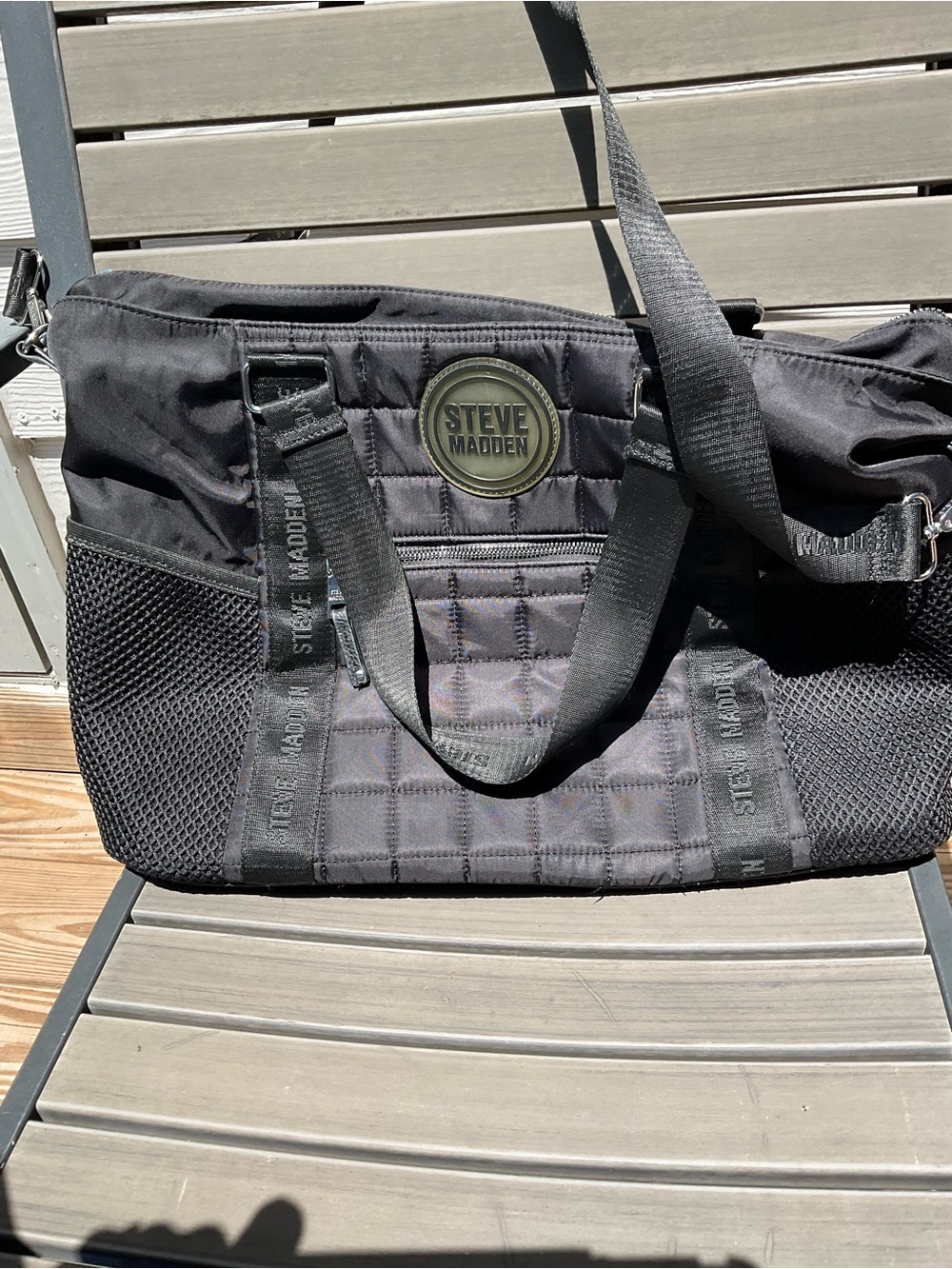 Steve Madden Black Quilted Nylon  Messenger Bag with Mesh Panels
